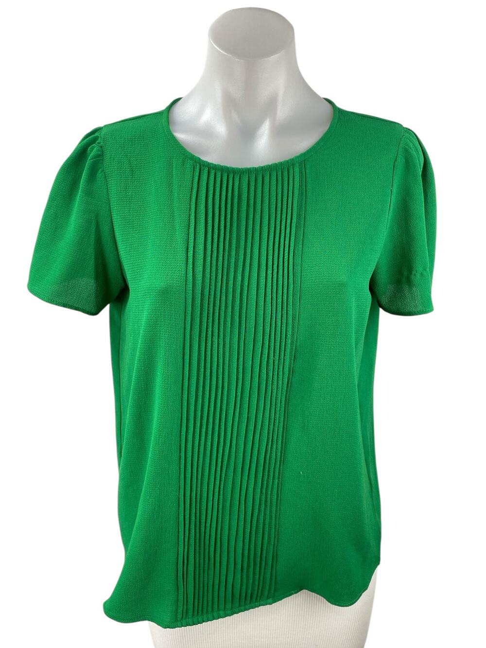 Cece Women's Green Pleated Front Short Puff Sleeve Shirt Blouse Top Size S
